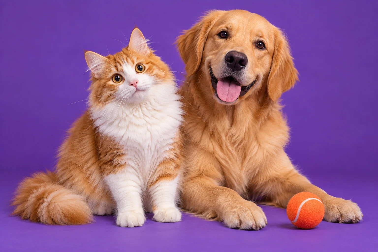Kucing oranye dan anjing golden retriever duduk berdampingan di studio ungu